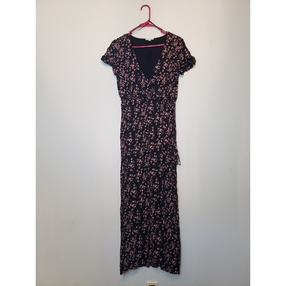 Mi ami Womens XS Midi Dress Faux Wrap Style V Neck Black Floral Short Sleeve
